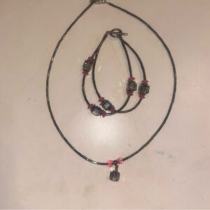 Handcrafted Black Necklace and Bracelet Set with Pink Accent Beads